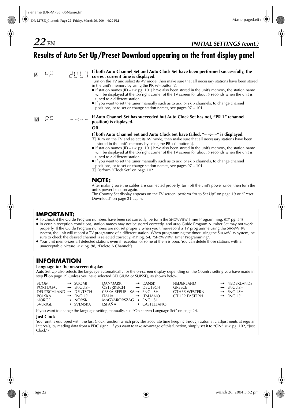 Initial settings (cont.), Important, Information | JVC DR-M7S User Manual | Page 22 / 116