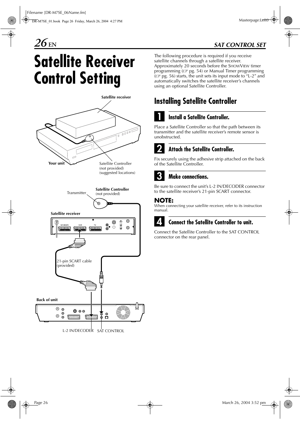 Sat control set, Satellite receiver control setting, Installing satellite controller | Pg. 26, 79, Pg. 26 | JVC DR-M7S User Manual | Page 26 / 116