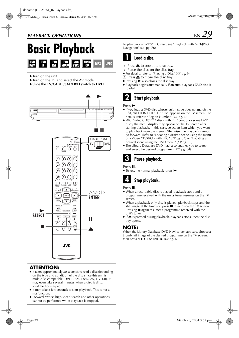 Playback operations, Basic playback, Pg. 29, 51 | Pg. 29, Pg. 29, 38, Pg. 29, 3, Load a disc, Start playback, Pause playback, Stop playback | JVC DR-M7S User Manual | Page 29 / 116