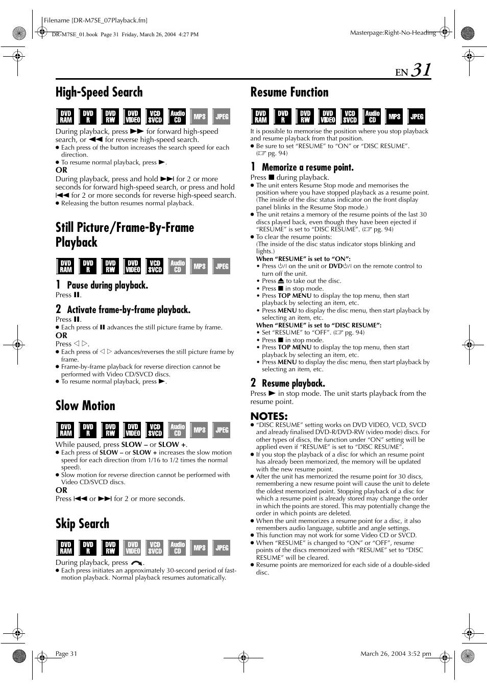 High-speed search, Still picture/frame-by-frame playback, Slow motion | Skip search, Resume function, Pg. 31, 38, Pg. 31, Pg. 31, 3, Pause during playback, Activate frame-by-frame playback | JVC DR-M7S User Manual | Page 31 / 116