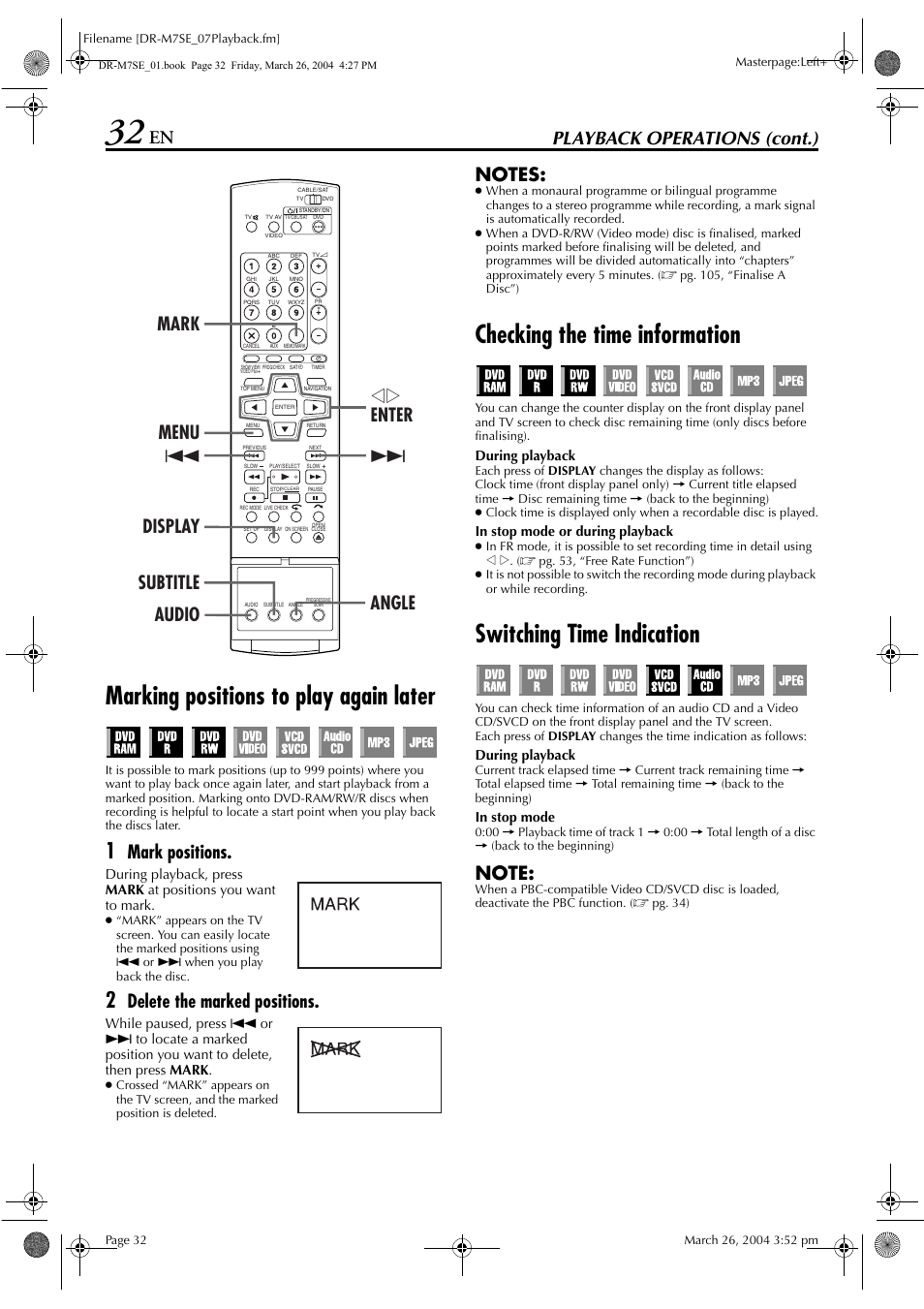 Marking positions to play again later, Checking the time information, Switching time indication | Pg. 32, 52, Pg. 32, Marked points, Pg. 32), Playback operations (cont.), Mark positions | JVC DR-M7S User Manual | Page 32 / 116