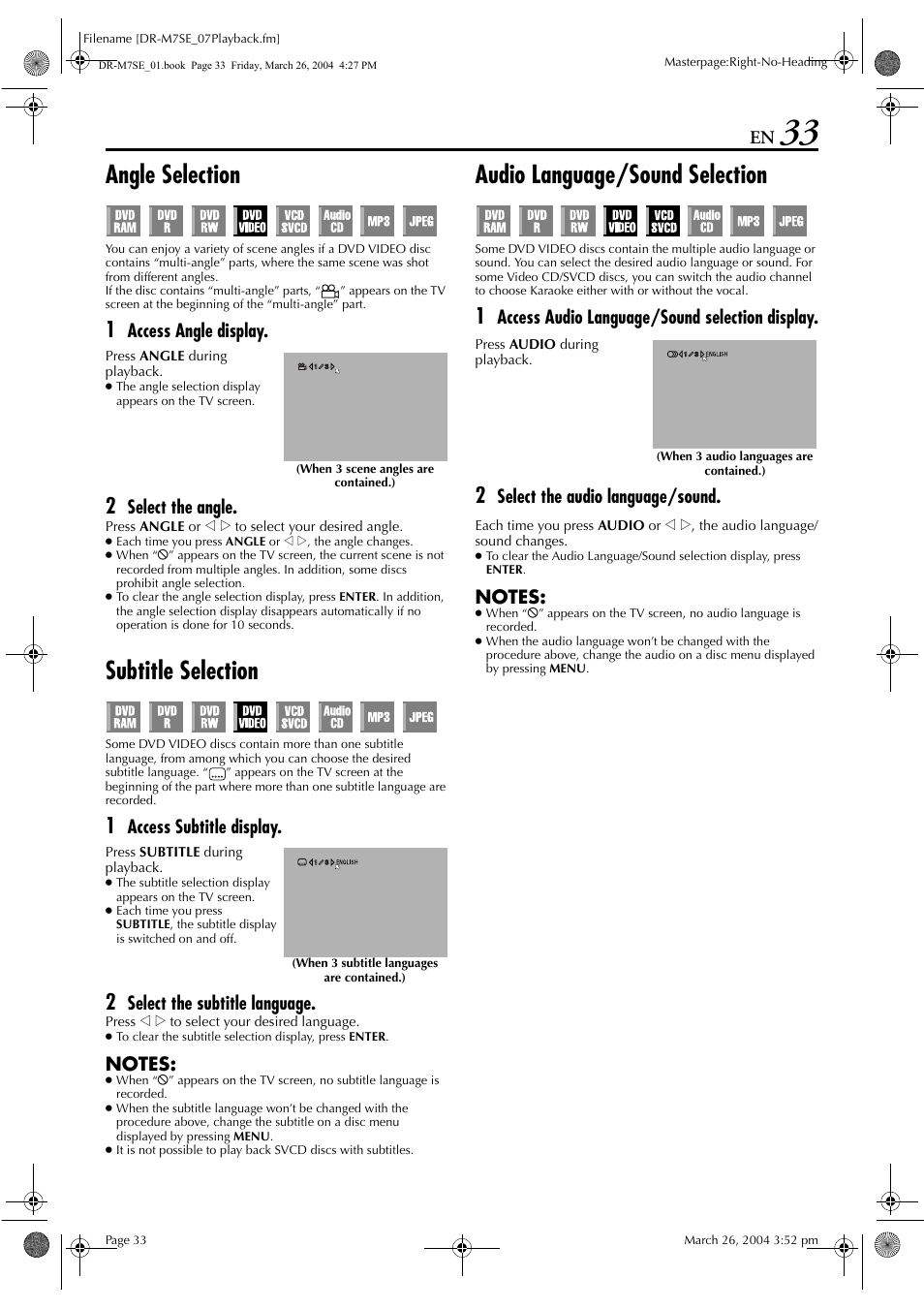 Angle selection, Subtitle selection, Audio language/sound selection | Pg. 33, Access angle display, Select the angle, Access subtitle display, Select the subtitle language, Access audio language/sound selection display, Select the audio language/sound | JVC DR-M7S User Manual | Page 33 / 116