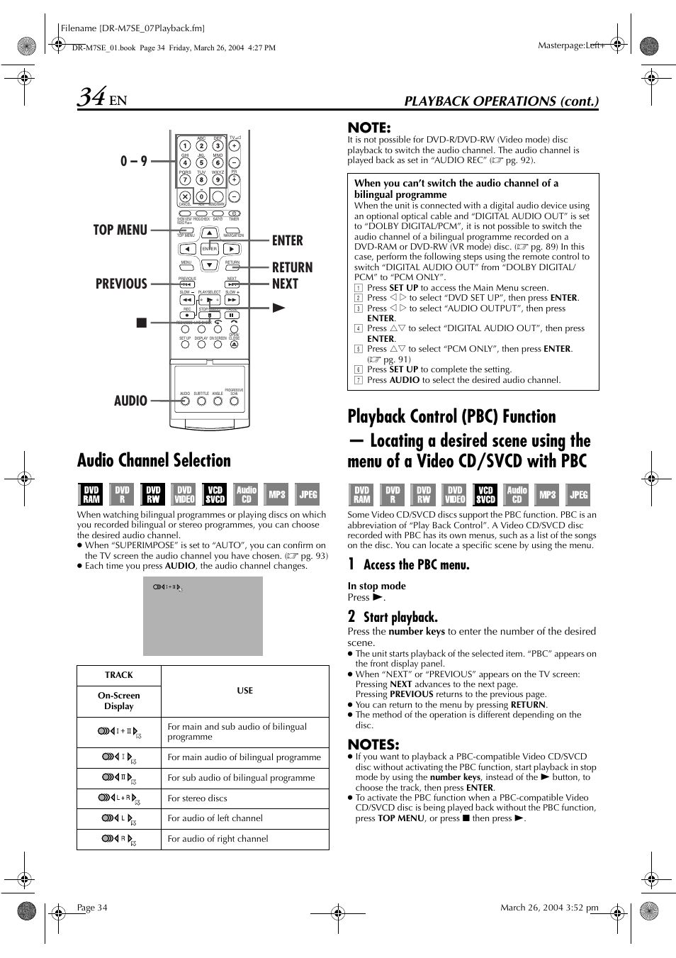 Audio channel selection, Playback control (pbc) function, Pg. 34) | Pg. 34, Pg. 34, 5, Pg. 34) or, C function, Playback operations (cont.), Access the pbc menu, Start playback | JVC DR-M7S User Manual | Page 34 / 116