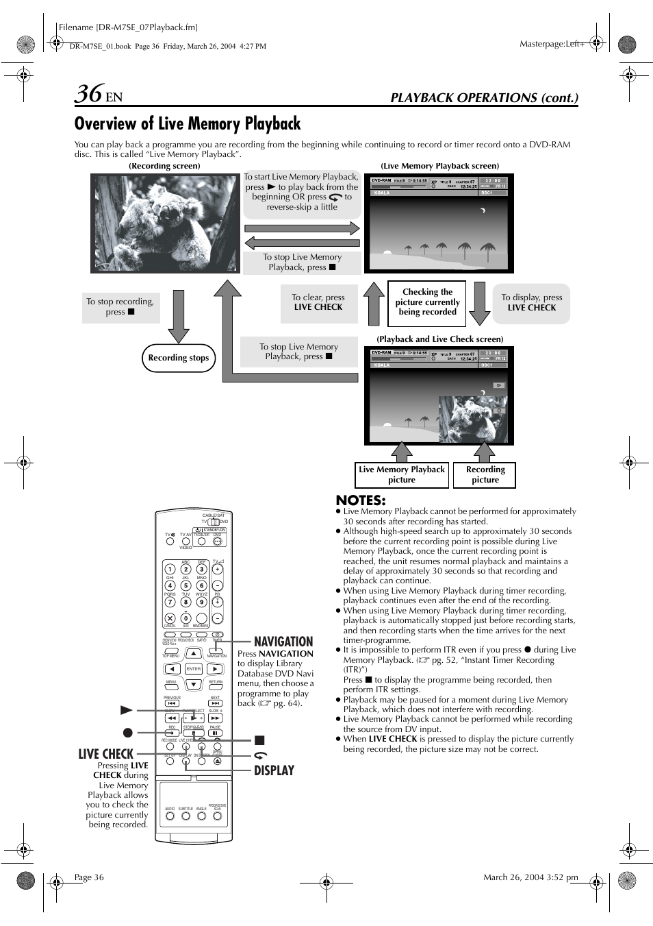 Overview of live memory playback, Playback operations (cont.), 74 8 navigation display live check | JVC DR-M7S User Manual | Page 36 / 116