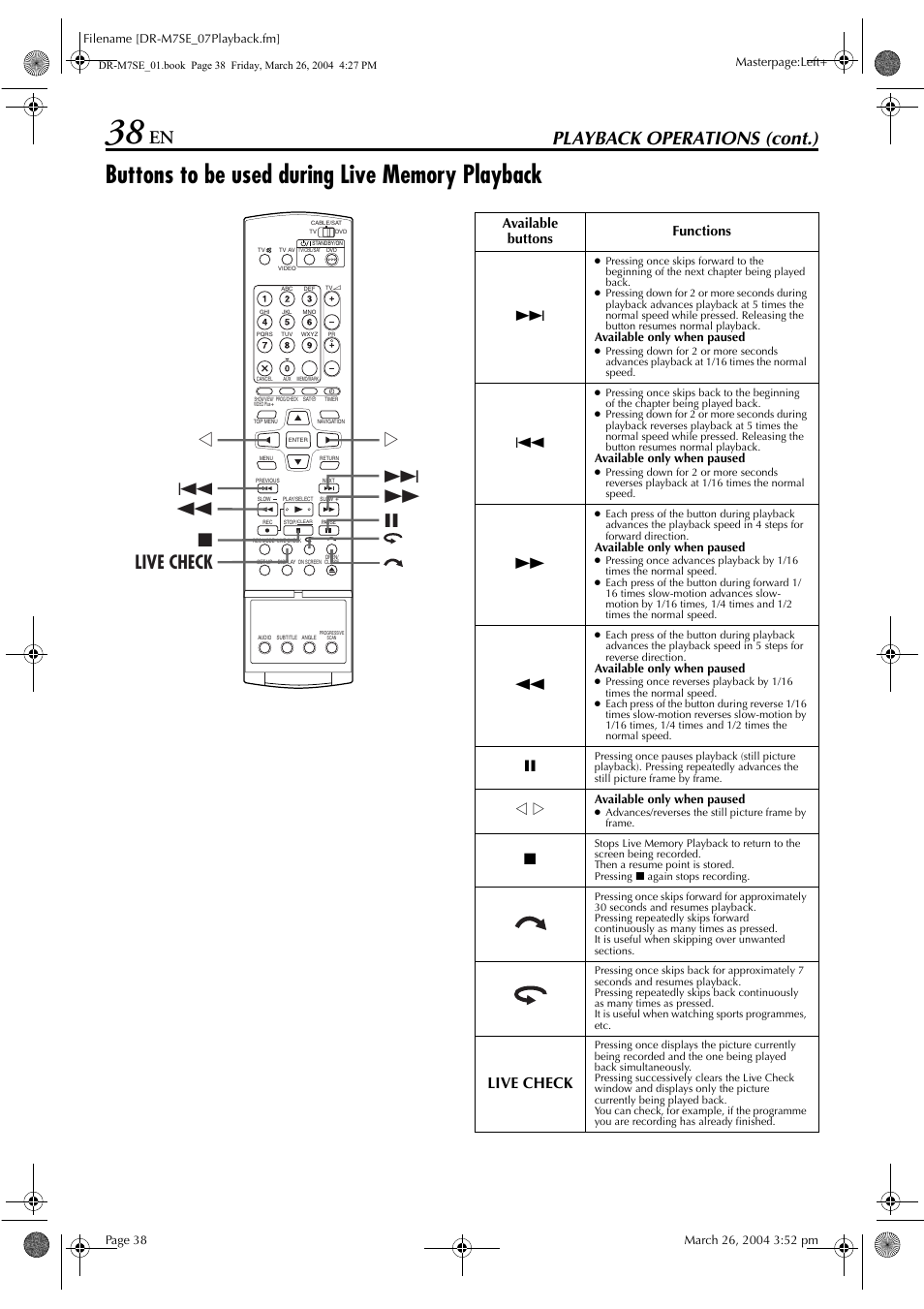 Buttons to be used during live memory playback, Pg. 38, Pg. 38, 39 | Playback operations (cont.), Live check, Available buttons functions | JVC DR-M7S User Manual | Page 38 / 116