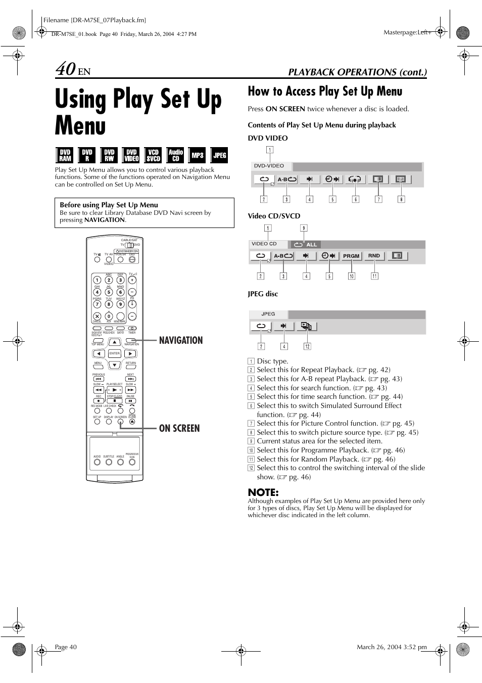 Using play set up menu, How to access play set up menu, Pg. 40 | Playback operations (cont.), Navigation on screen | JVC DR-M7S User Manual | Page 40 / 116