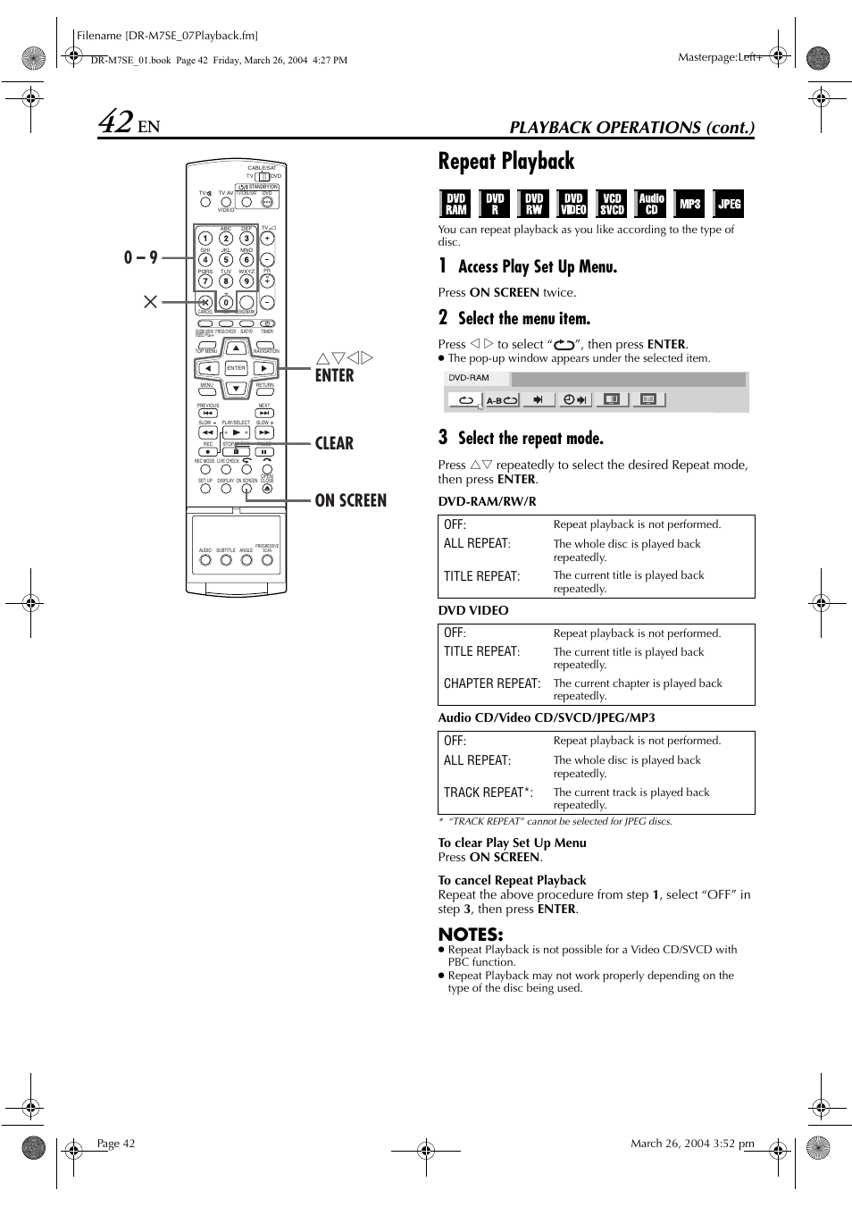 Repeat playback, Pg. 42, Pg. 42) | Playback operations (cont.), Access play set up menu, Select the menu item, Select the repeat mode, On screen 0 – 9 clear & rtwe enter | JVC DR-M7S User Manual | Page 42 / 116