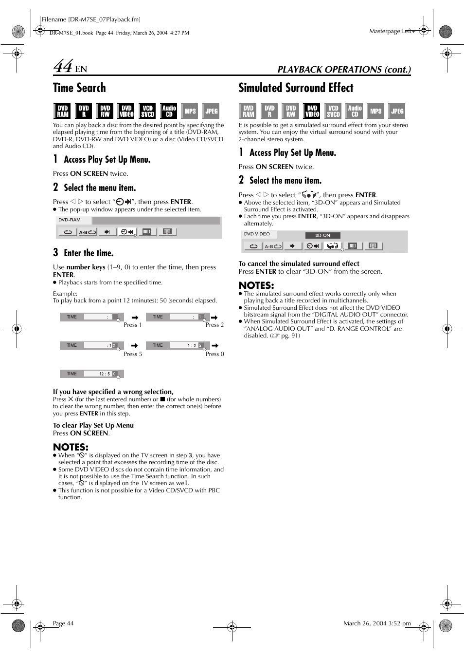 Time search, Simulated surround effect, Pg. 44 | Function, Pg. 44), Playback operations (cont.), Access play set up menu, Select the menu item, Enter the time | JVC DR-M7S User Manual | Page 44 / 116