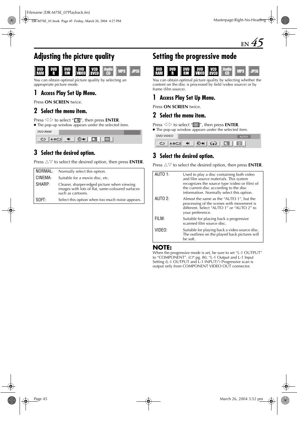 Adjusting the picture quality, Setting the progressive mode, Pg. 45) | Ce type, Access play set up menu, Select the menu item, Select the desired option | JVC DR-M7S User Manual | Page 45 / 116