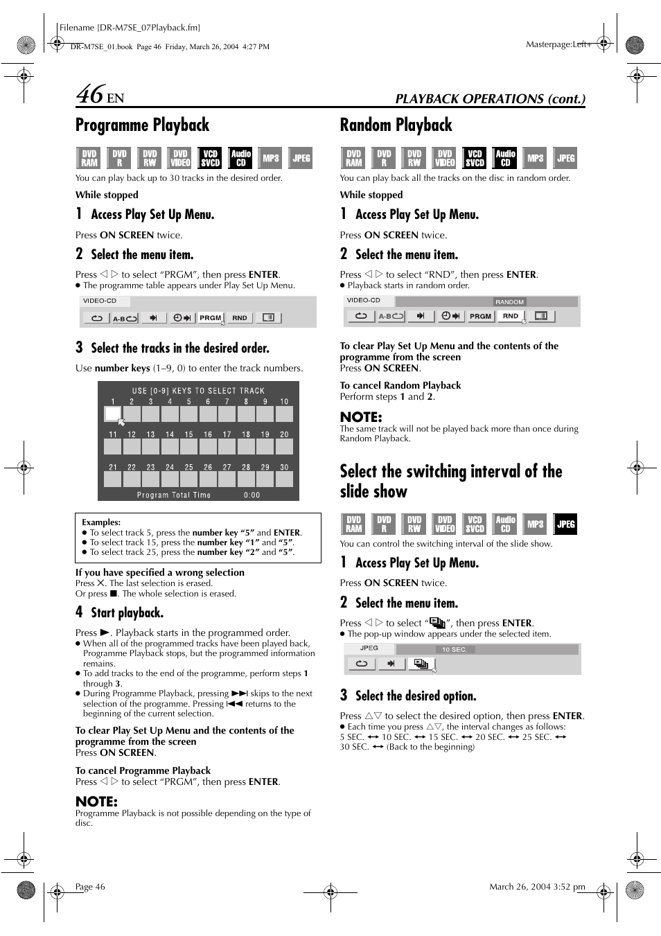 Programme playback, Random playback, Select the switching interval of the slide show | Pg. 46, Pg. 46) | JVC DR-M7S User Manual | Page 46 / 116