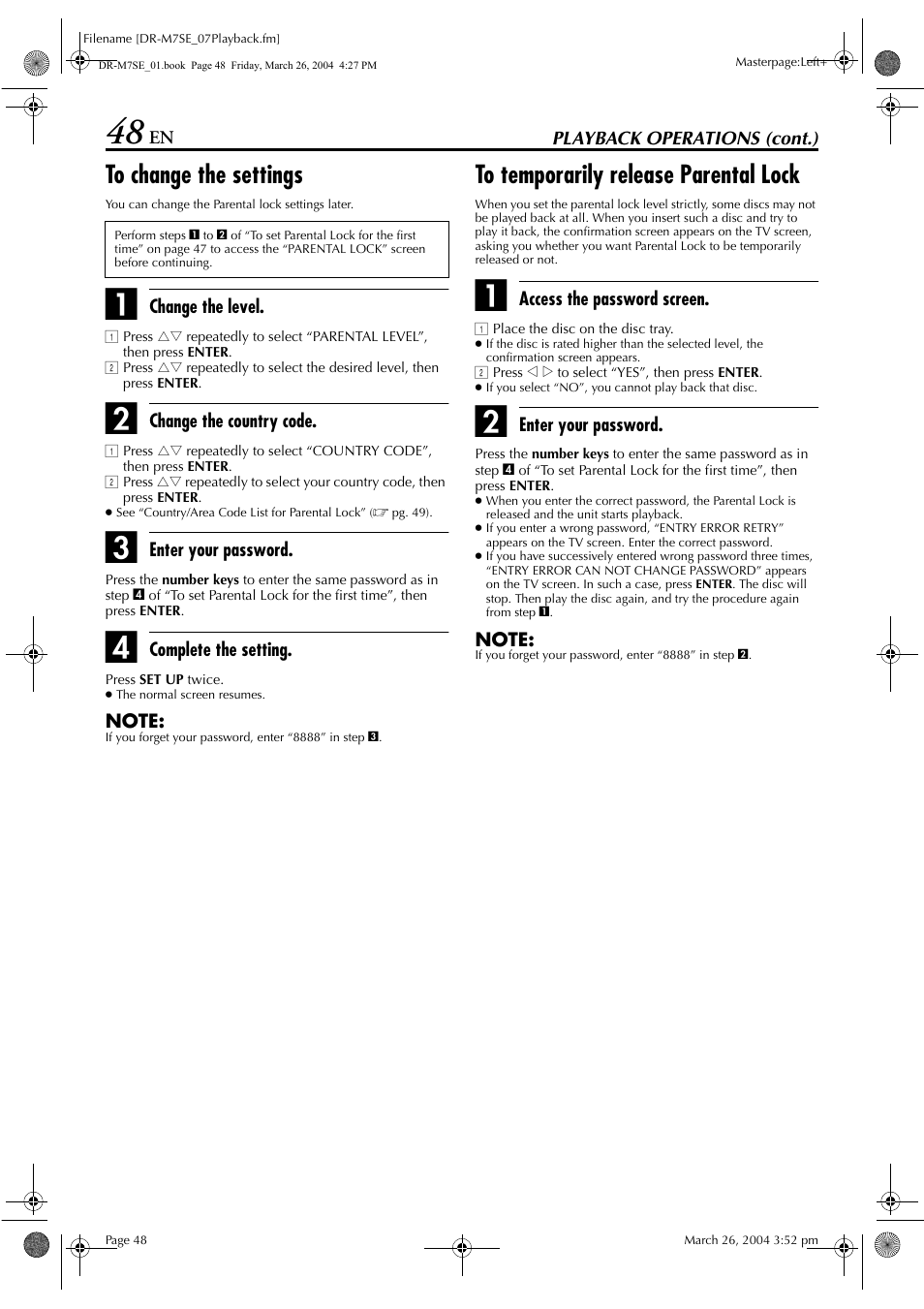 To change the settings, To temporarily release parental lock | JVC DR-M7S User Manual | Page 48 / 116