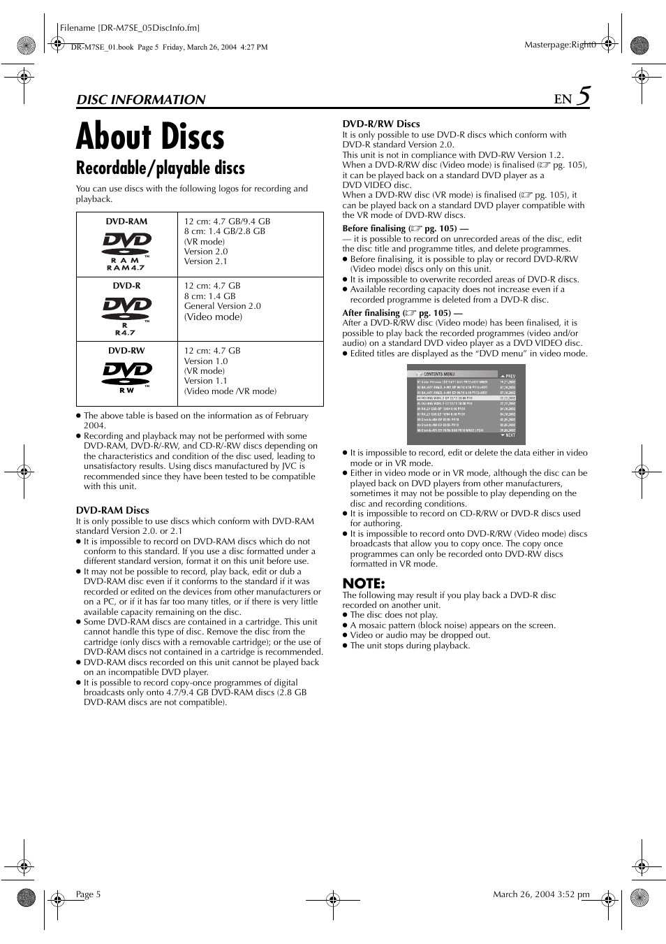 Disc information, About discs, Recordable/playable discs | JVC DR-M7S User Manual | Page 5 / 116