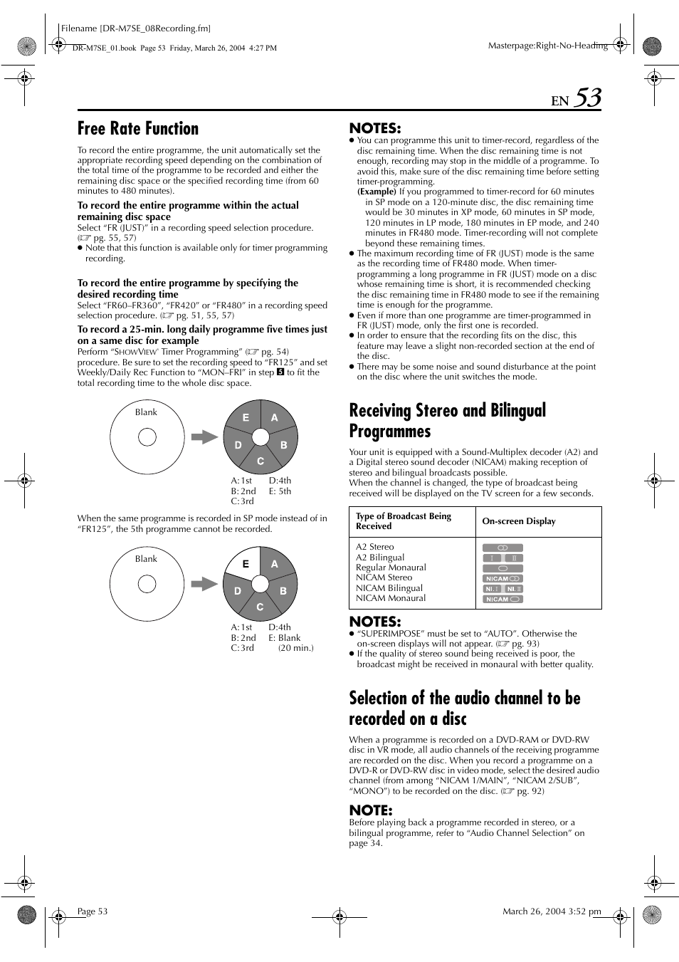 Free rate function, Receiving stereo and bilingual programmes, Pg. 53, “free rate function”) | Pg. 53) | JVC DR-M7S User Manual | Page 53 / 116