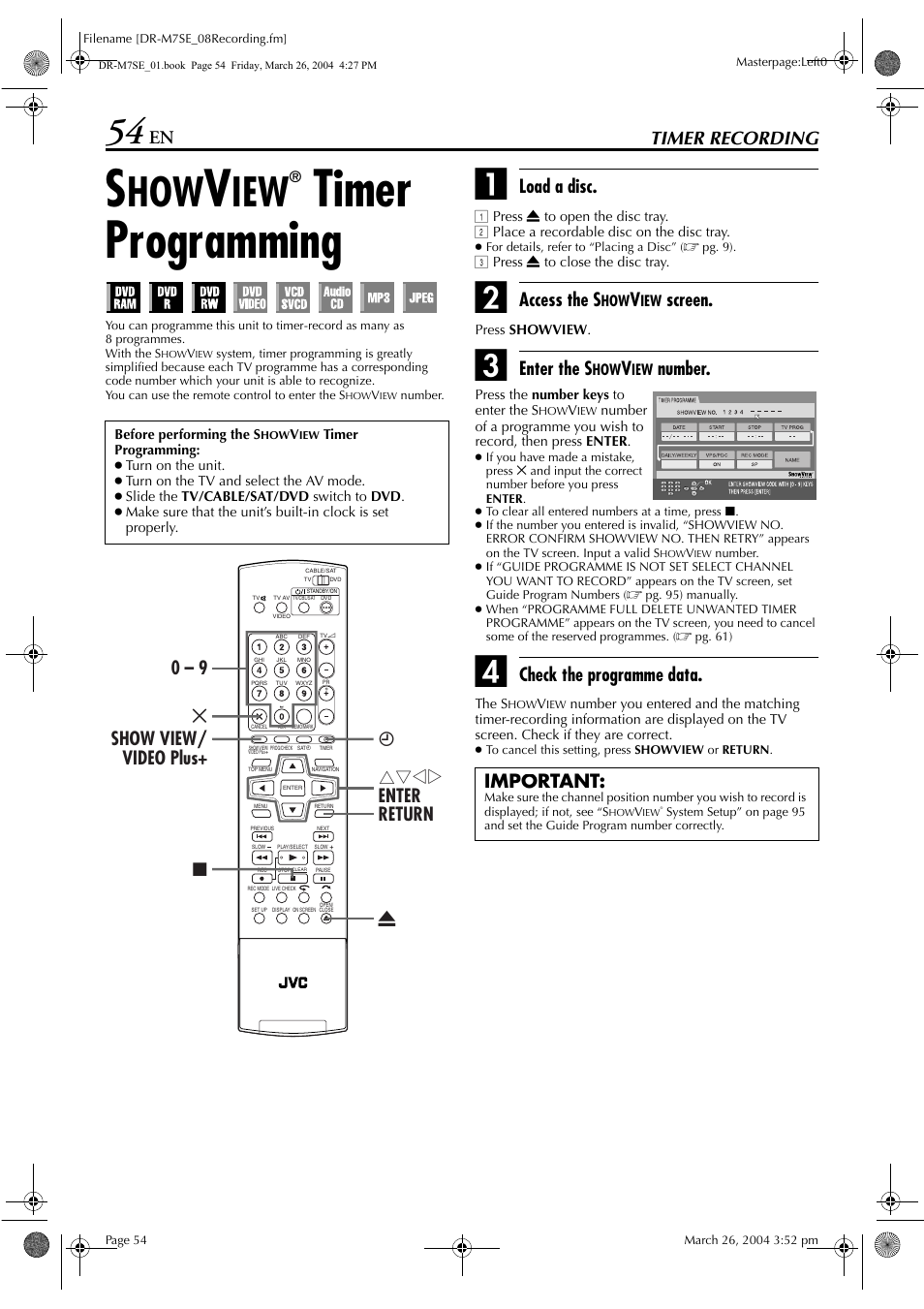 Timer recording, Showview® timer programming, Pg. 54, 5 | Pg. 54, Mming, Pg. 54), Pg. 54, “s, Timer programming”), Pg. 54) o, Timer programming | JVC DR-M7S User Manual | Page 54 / 116