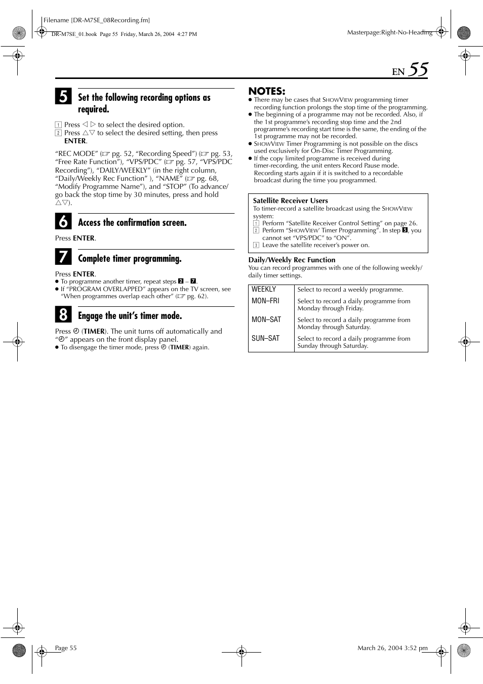 Pg. 55, 57, Pg. 55, 57), Set the following recording options as required | Access the confirmation screen, Complete timer programming, Engage the unit’s timer mode | JVC DR-M7S User Manual | Page 55 / 116