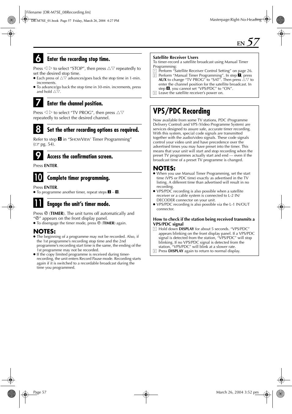 Vps/pdc recording, Pg. 57, Vps/pdc indicator | Pg. 57, “vps/pdc, Recording”) | JVC DR-M7S User Manual | Page 57 / 116