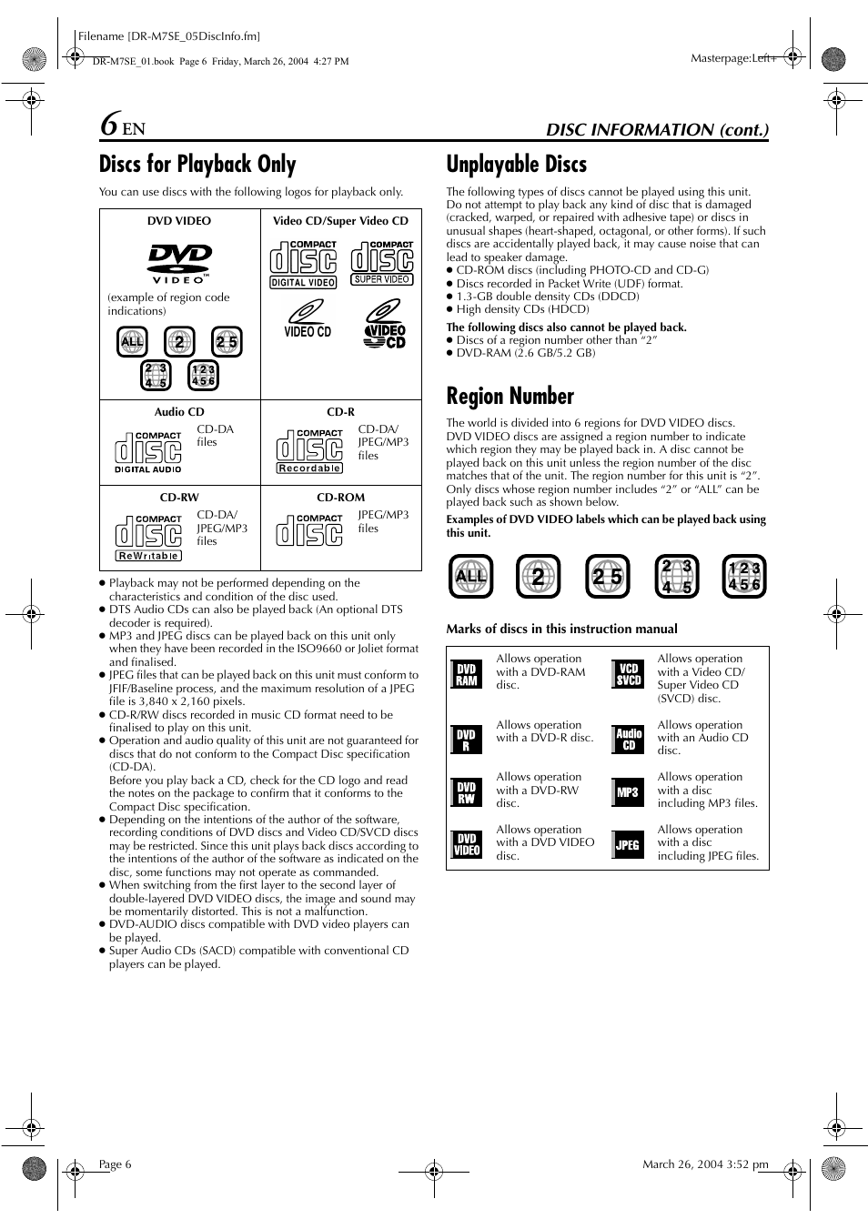 Discs for playback only, Unplayable discs, Region number | Disc information (cont.) | JVC DR-M7S User Manual | Page 6 / 116