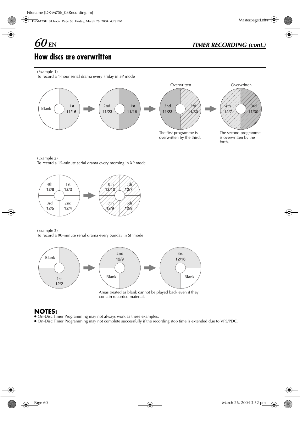 How discs are overwritten, Pg. 60, “how discs are overwritten”), Timer recording (cont.) | JVC DR-M7S User Manual | Page 60 / 116