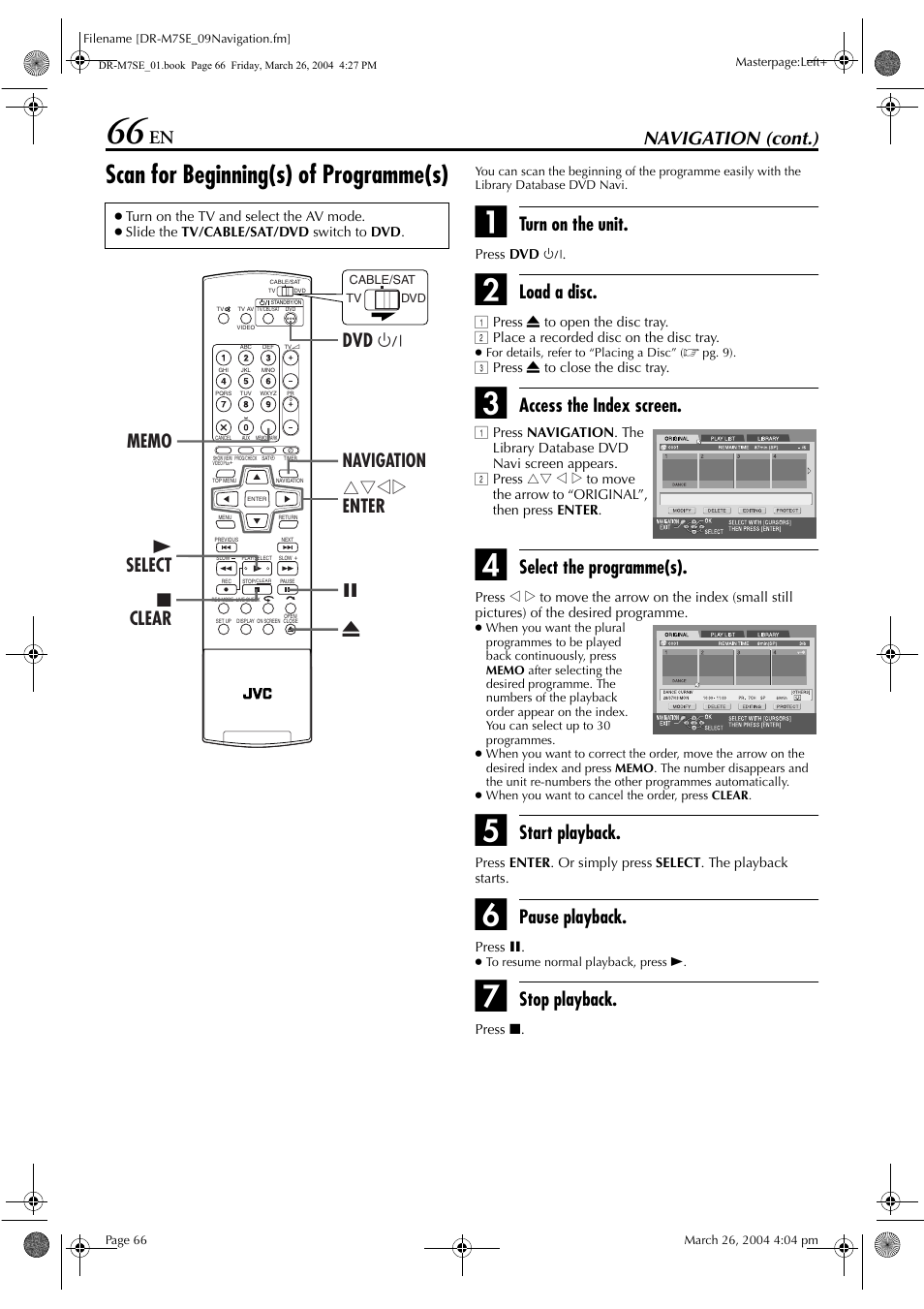Scan for beginning(s) of programme(s), Pg. 66, 7, Pg. 66) | Navigation (cont.), Turn on the unit, Load a disc, Access the index screen, Select the programme(s), Start playback, Pause playback | JVC DR-M7S User Manual | Page 66 / 116
