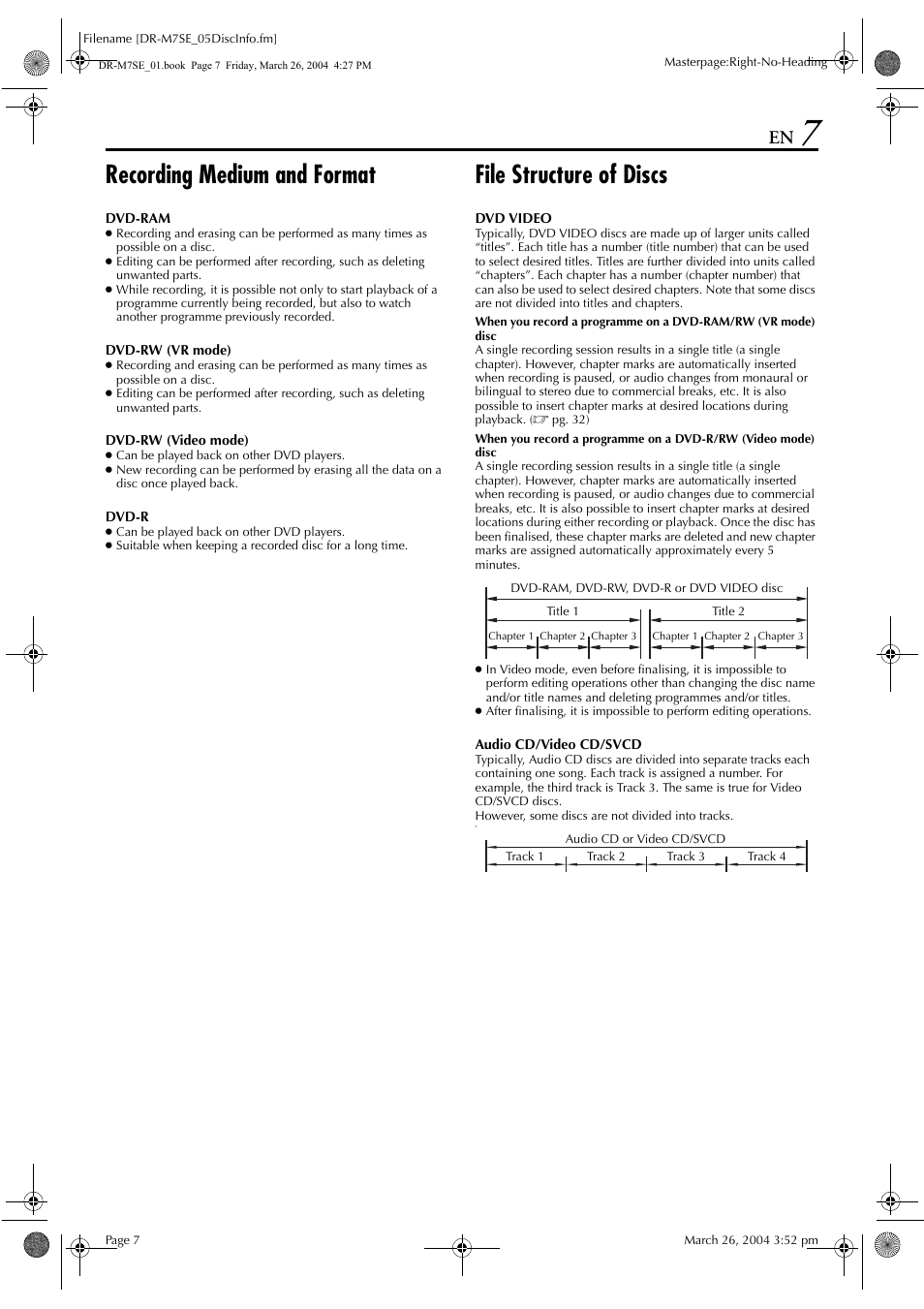 Recording medium and format, File structure of discs | JVC DR-M7S User Manual | Page 7 / 116