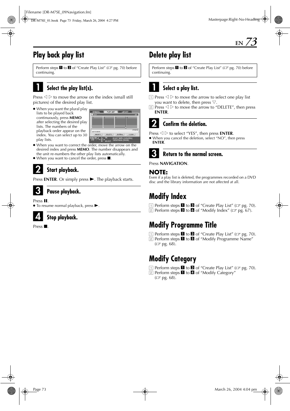 Play back play list, Delete play list, Modify index | Modify programme title, Modify category | JVC DR-M7S User Manual | Page 73 / 116