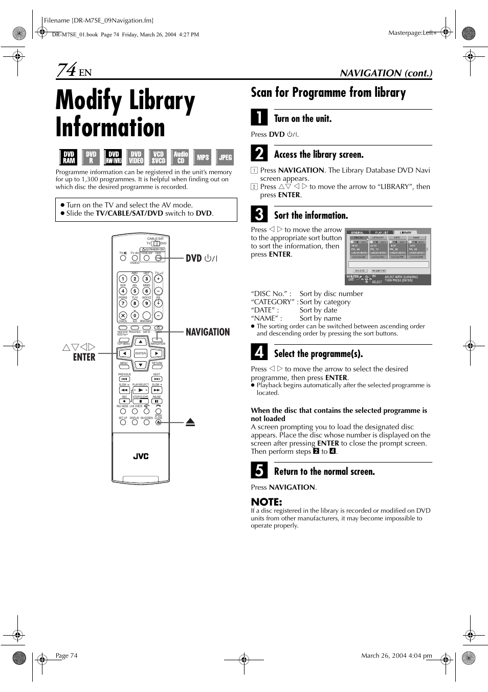 Modify library information, Scan for programme from library, Pg. 74) | Navigation (cont.), Turn on the unit, Access the library screen, Sort the information, Select the programme(s), Return to the normal screen, Rtwe enter dvd 1 navigation x | JVC DR-M7S User Manual | Page 74 / 116