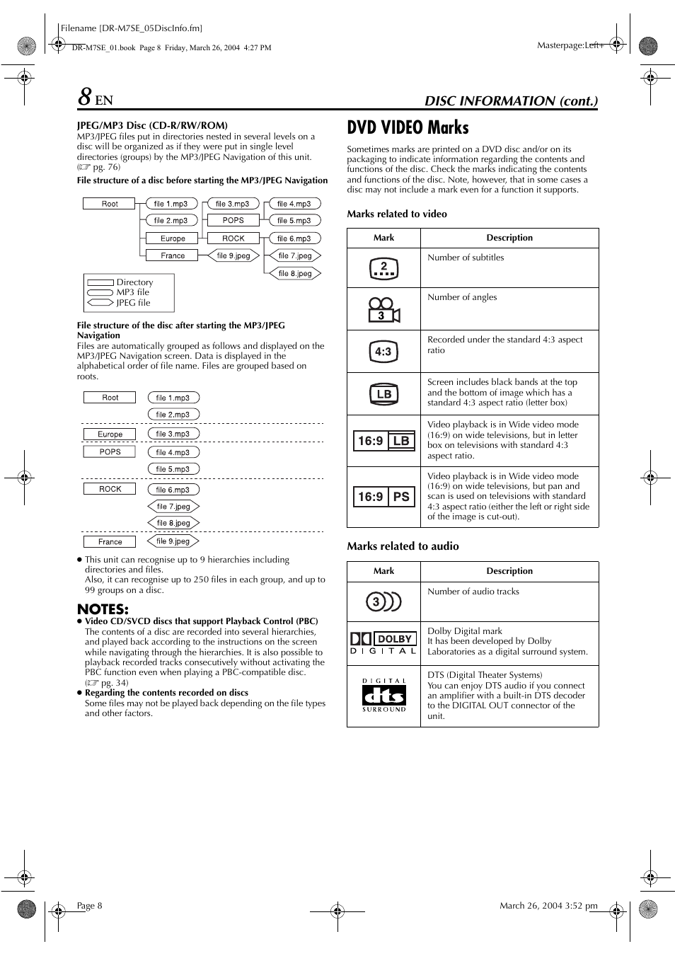 Dvd video marks, Disc information (cont.) | JVC DR-M7S User Manual | Page 8 / 116