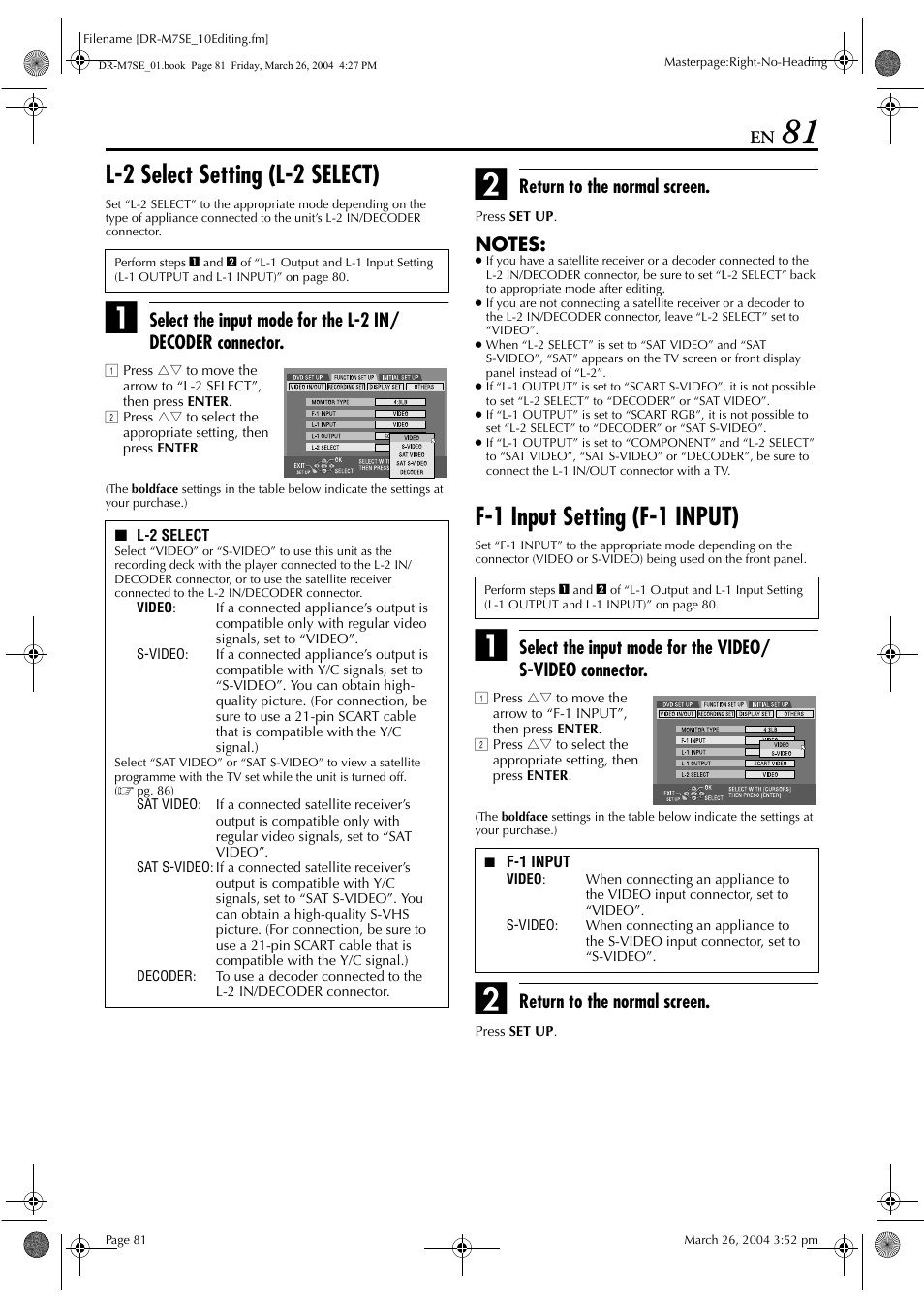 L-2 select setting (l-2 select), F-1 input setting (f-1 input), Pg. 81 | Pg. 81, “l-2 select setting (l-2 select)”), Nnector being used, Pg. 81, “f-1 input setting, F-1 input)”), Pg. 81, “l-2 select setting, L-2 select)”), Pg. 81, “l-2 select | JVC DR-M7S User Manual | Page 81 / 116