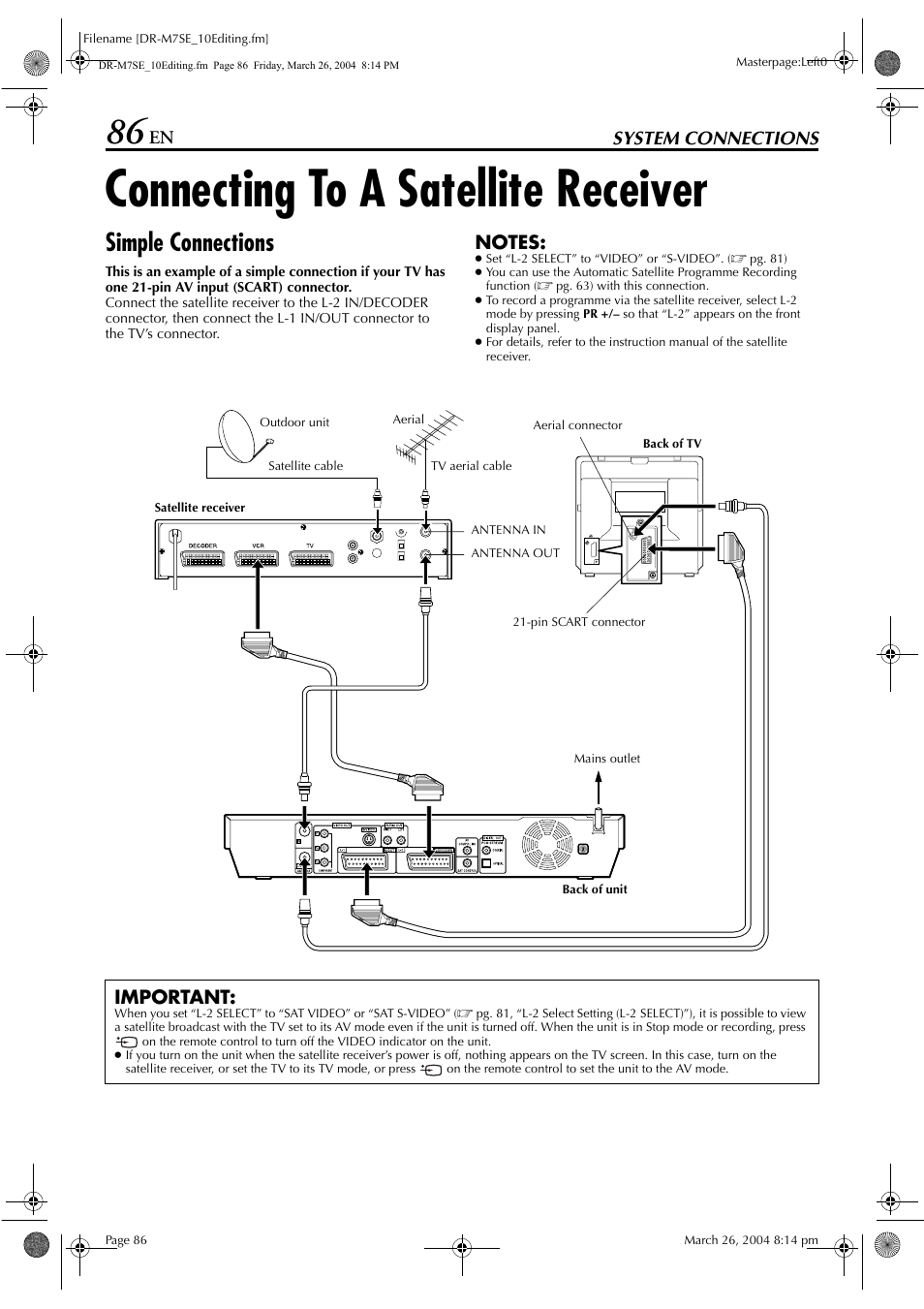 System connections, Connecting to a satellite receiver, Simple connections | Important | JVC DR-M7S User Manual | Page 86 / 116