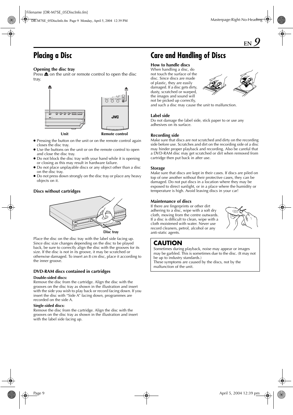 Placing a disc, Care and handling of discs, Caution | JVC DR-M7S User Manual | Page 9 / 116