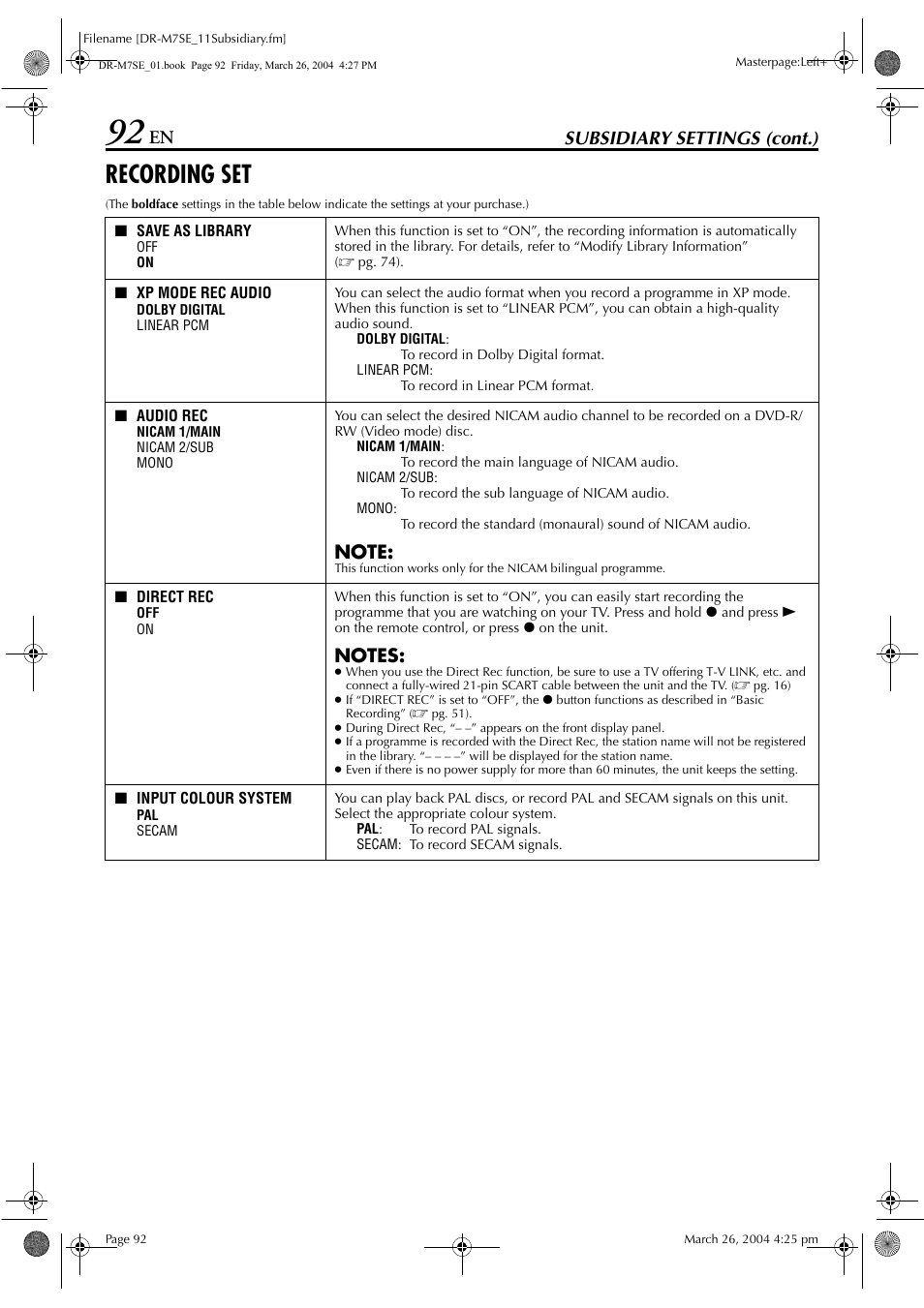 Recording set, Pg. 92) for reco, Pg. 92) | Audio rec, In function set up menu, Subsidiary settings (cont.) | JVC DR-M7S User Manual | Page 92 / 116