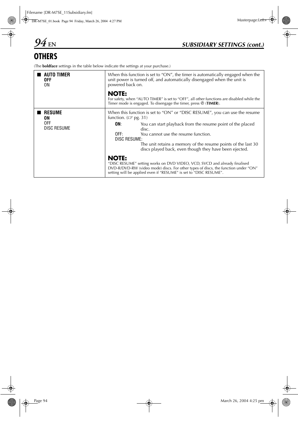 Others, Pg. 94), Subsidiary settings (cont.) | JVC DR-M7S User Manual | Page 94 / 116