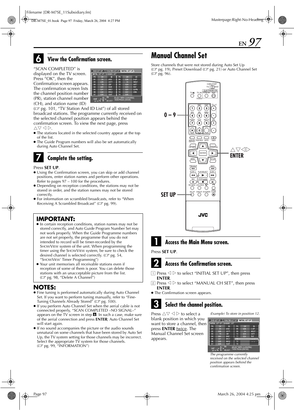 Manual channel set, Pg. 97), View the confirmation screen | Complete the setting, Access the main menu screen, Access the confirmation screen, Select the channel position. important, Rtwe enter set up 0 – 9 | JVC DR-M7S User Manual | Page 97 / 116
