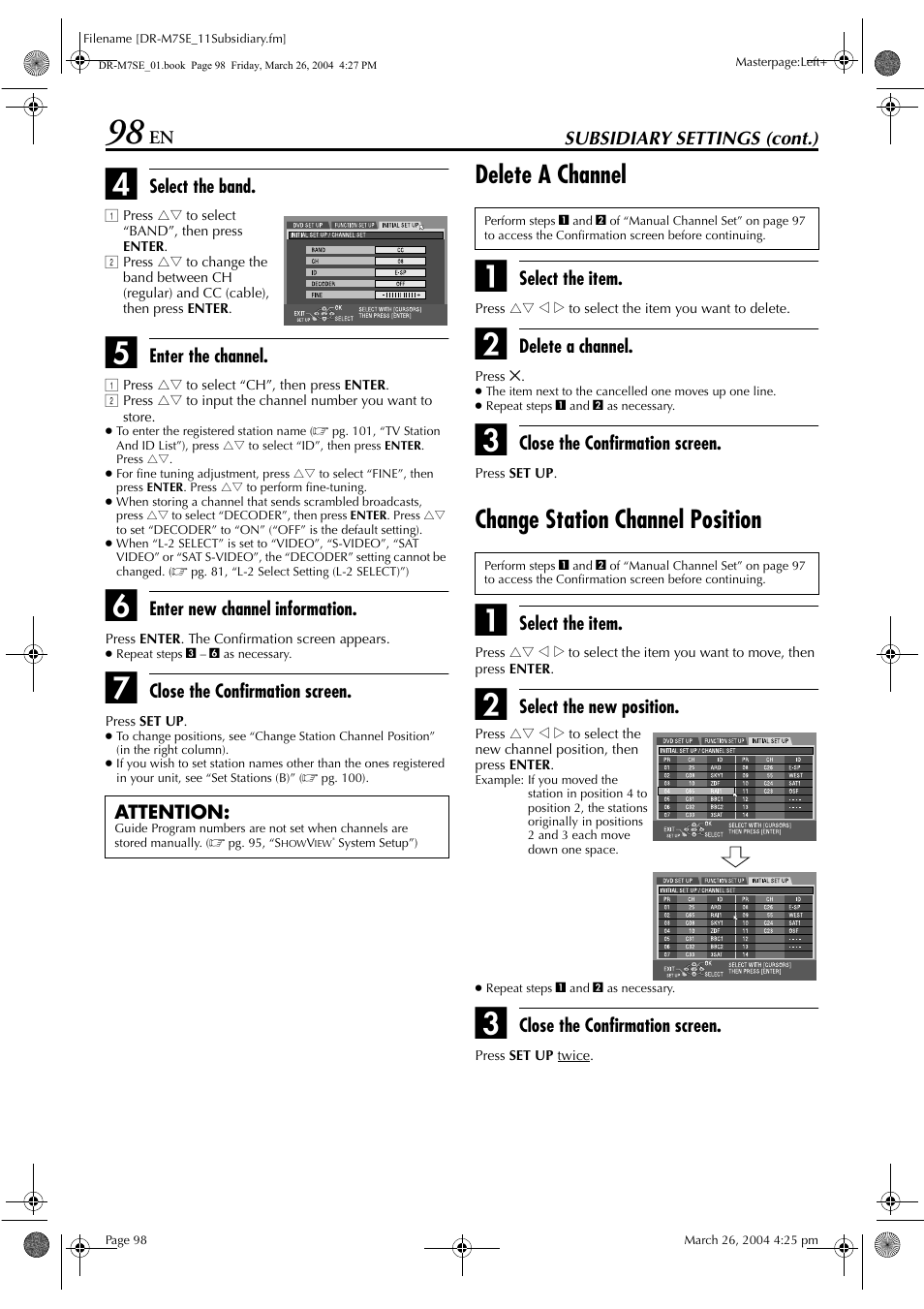 Delete a channel, Change station channel position, Pg. 98, “delete a channel”) | JVC DR-M7S User Manual | Page 98 / 116