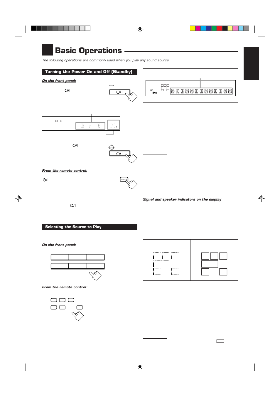 Basic operations, Rc l, English | Turning the power on and off (standby), S.wfr ls rs s lfe | JVC RX-6012VSL User Manual | Page 11 / 34
