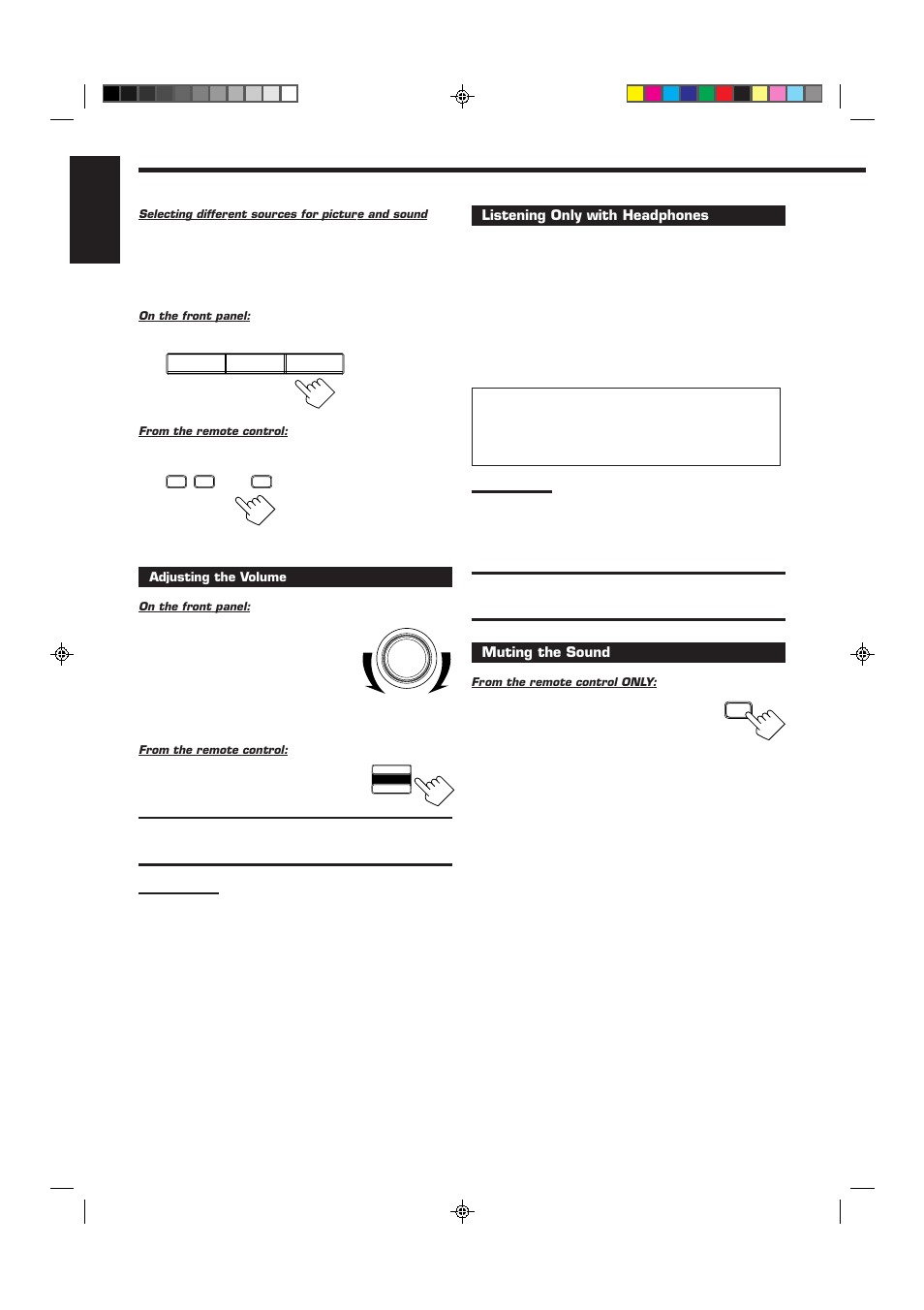 English, Listening only with headphones, Muting the sound | JVC RX-6012VSL User Manual | Page 12 / 34