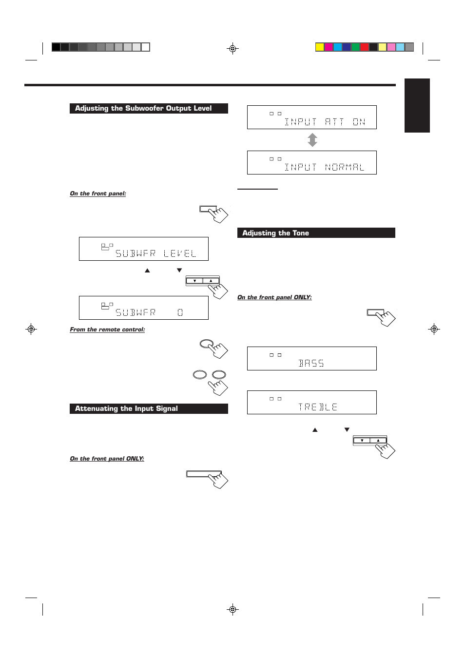 English, Adjusting the subwoofer output level, Press sound | Adjusting the tone | JVC RX-6012VSL User Manual | Page 13 / 34