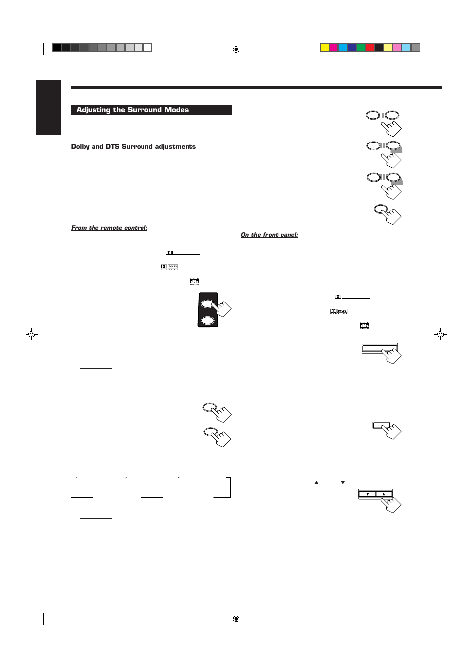 English, Adjust the speaker output levels, Press test again to stop the test tone | Select and play a sound source, Adjusting the surround modes, Press sound, Press test to check the speaker output balance | JVC RX-6012VSL User Manual | Page 24 / 34