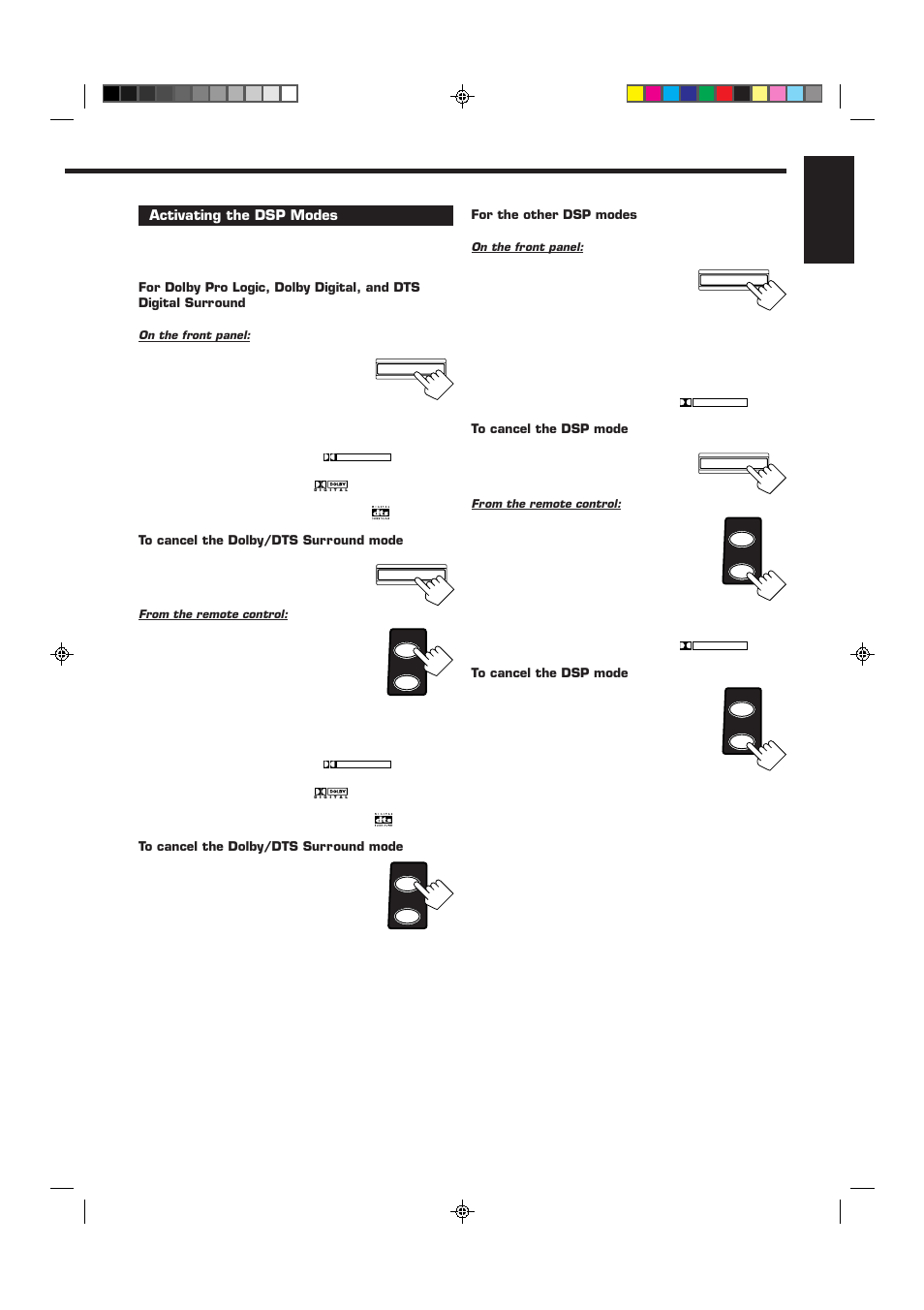 English, Activating the dsp modes, Press surround on/off | Select and play a sound source, Press surround | JVC RX-6012VSL User Manual | Page 27 / 34