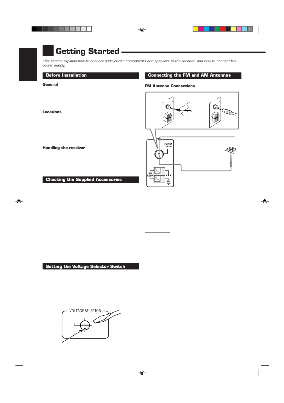 Getting started, English, Before installation | Checking the supplied accessories, Setting the voltage selector switch, Connecting the fm and am antennas, General, Locations, Handling the receiver, Fm antenna connections | JVC RX-6012VSL User Manual | Page 6 / 34