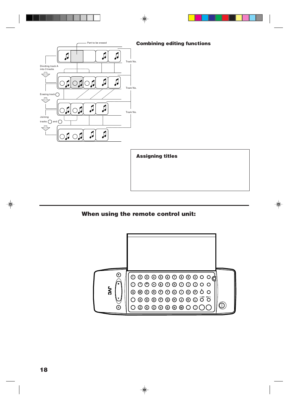 When using the remote control unit, Combining editing functions, Assigning titles | Ab c | JVC XM-448BK User Manual | Page 20 / 44