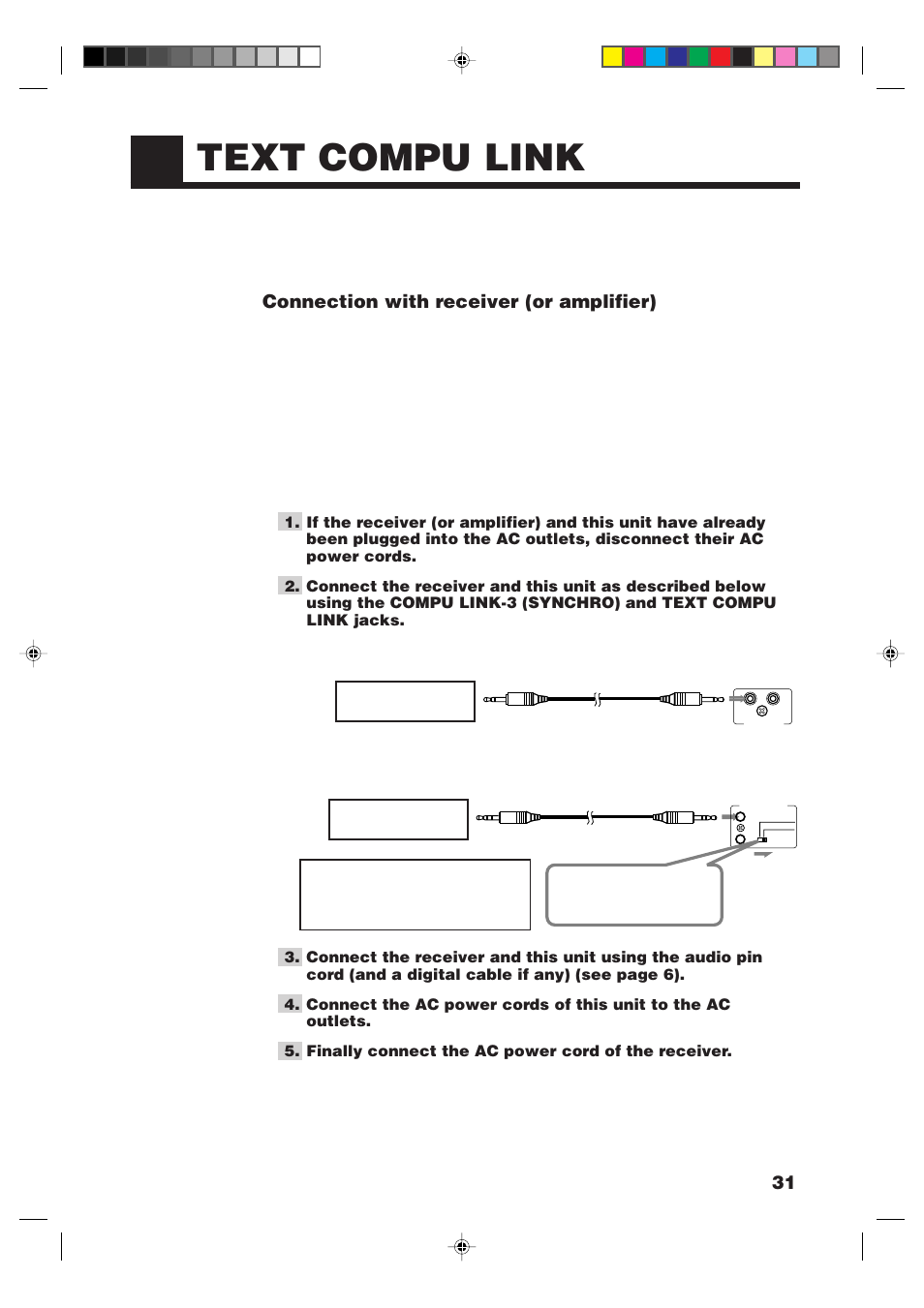 Text compu link, Connection with receiver (or amplifier) | JVC XM-448BK User Manual | Page 33 / 44