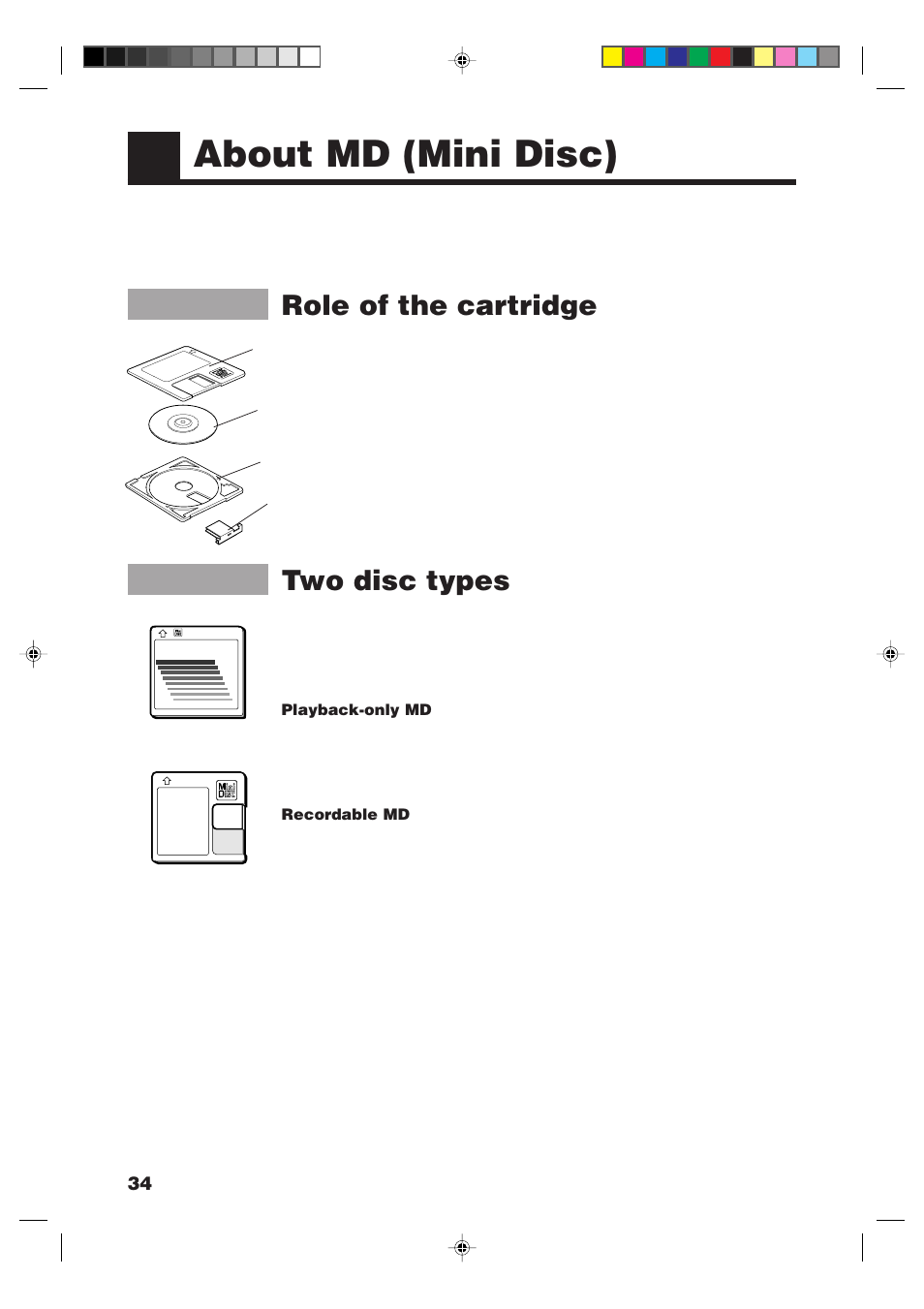 About md (mini disc), Role of the cartridge, Two disc types | JVC XM-448BK User Manual | Page 36 / 44