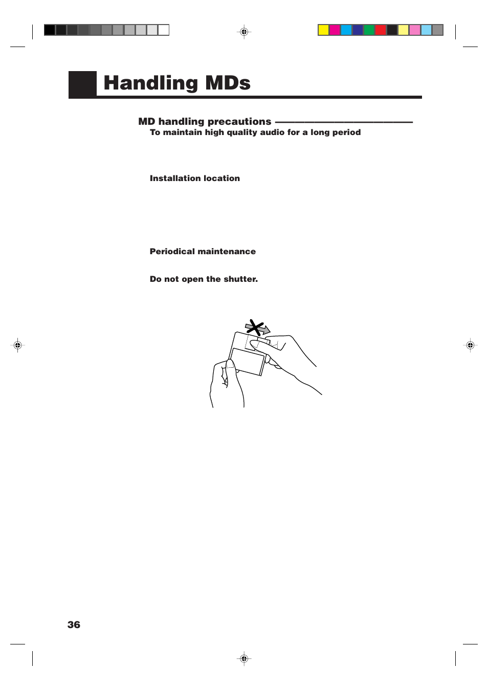 Handling mds, Md handling precautions | JVC XM-448BK User Manual | Page 38 / 44