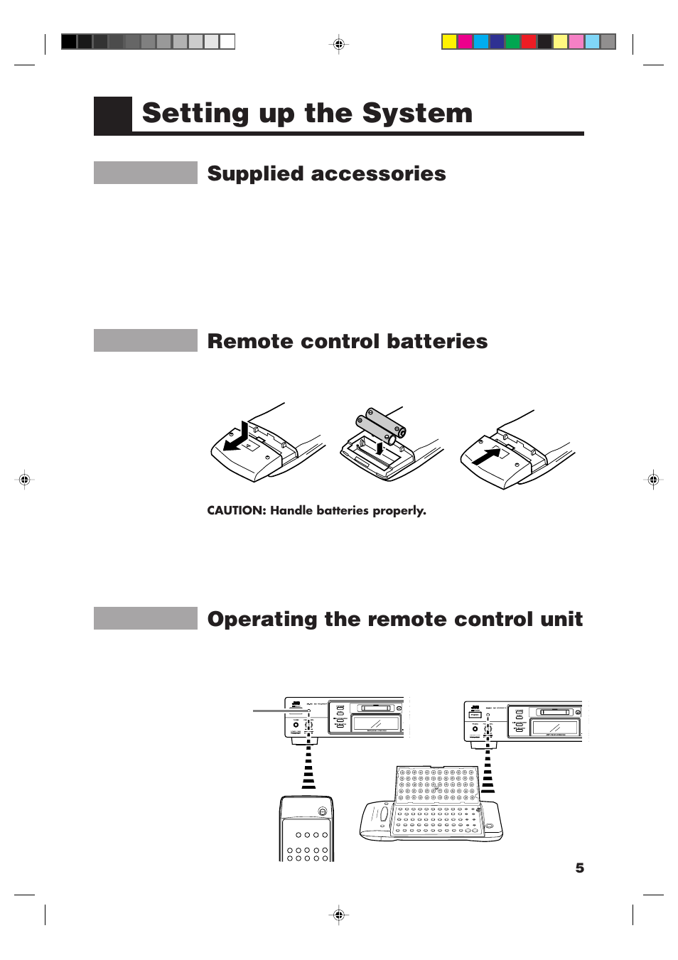 Setting up the system, Supplied accessories, Remote control batteries | Operating the remote control unit | JVC XM-448BK User Manual | Page 7 / 44