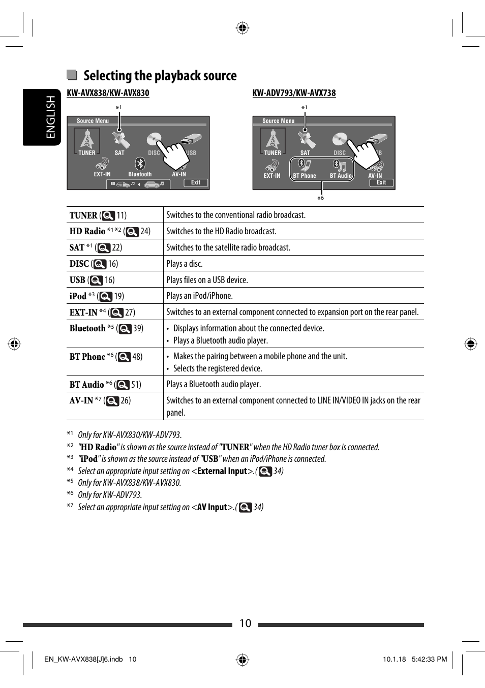 Selecting the playback source, 10 english | JVC KW-ADV793 User Manual | Page 10 / 147