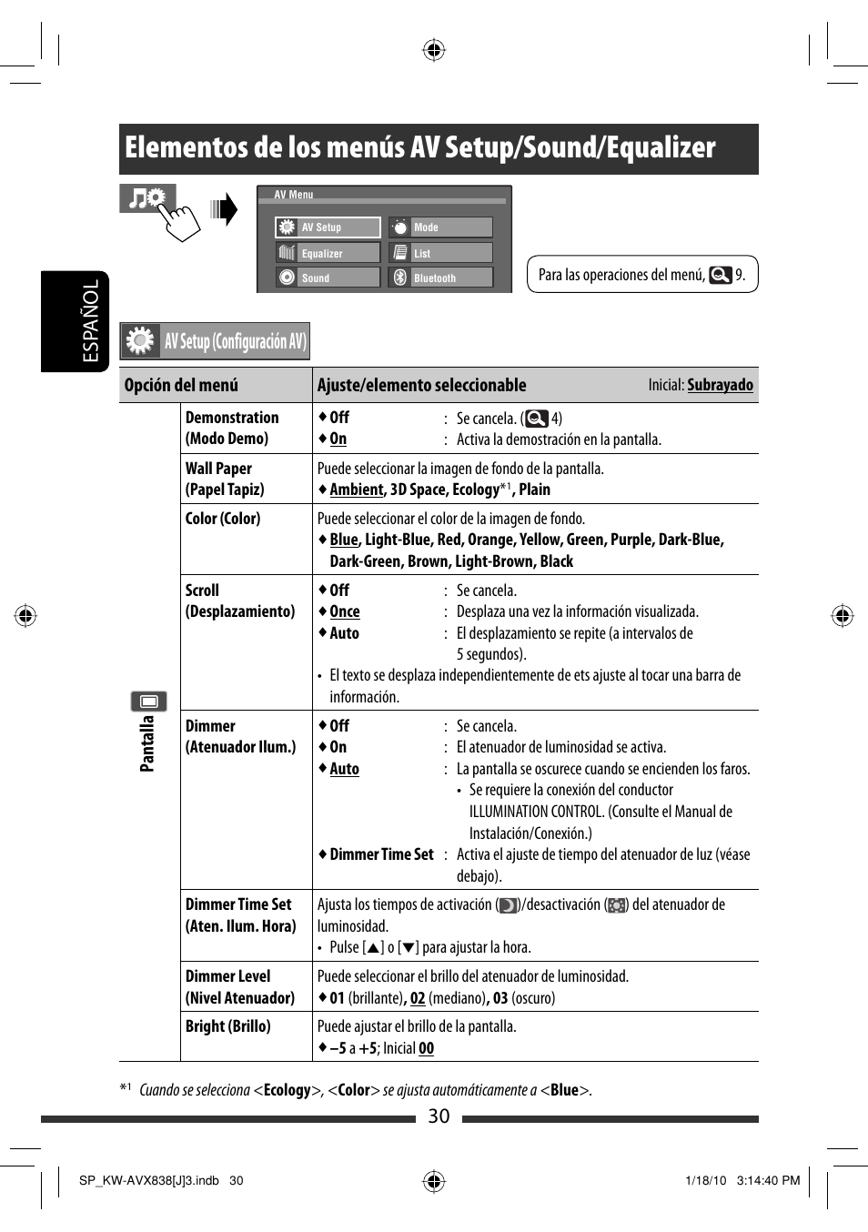 Elementos de los menús av setup/sound/equalizer, Av setup (configuración av), 30 esp añol | JVC KW-ADV793 User Manual | Page 100 / 147