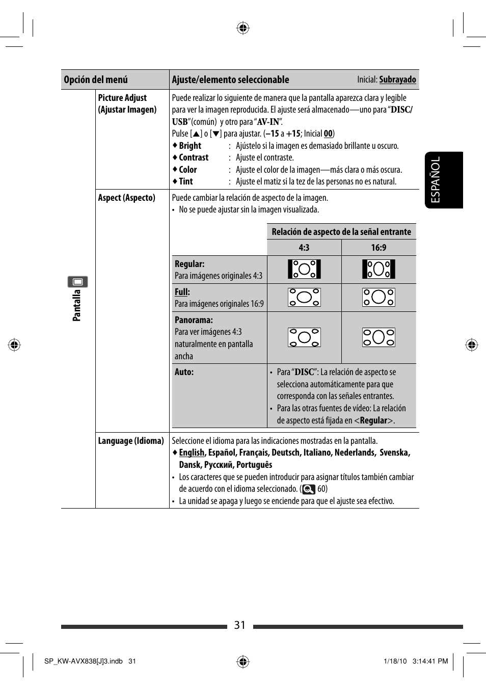 31 esp añol | JVC KW-ADV793 User Manual | Page 101 / 147
