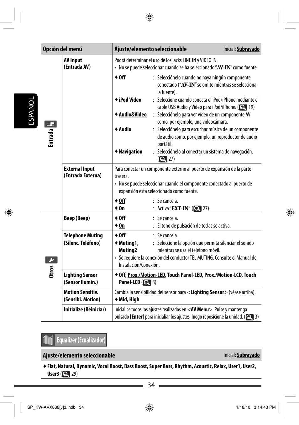 Equalizer (ecualizador), 34 esp añol | JVC KW-ADV793 User Manual | Page 104 / 147