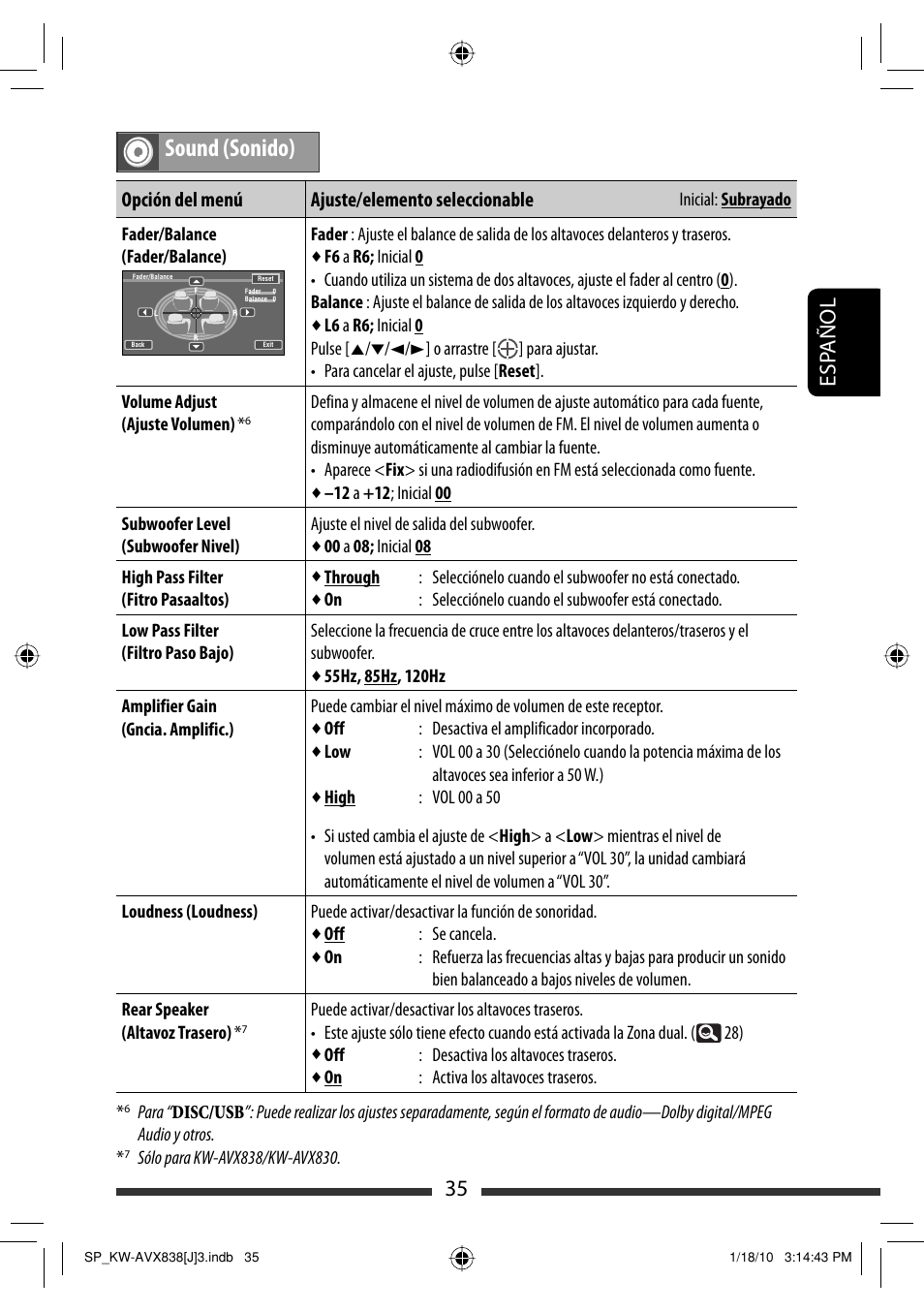 Sound (sonido), 35 esp añol, Opción del menú ajuste/elemento seleccionable | JVC KW-ADV793 User Manual | Page 105 / 147
